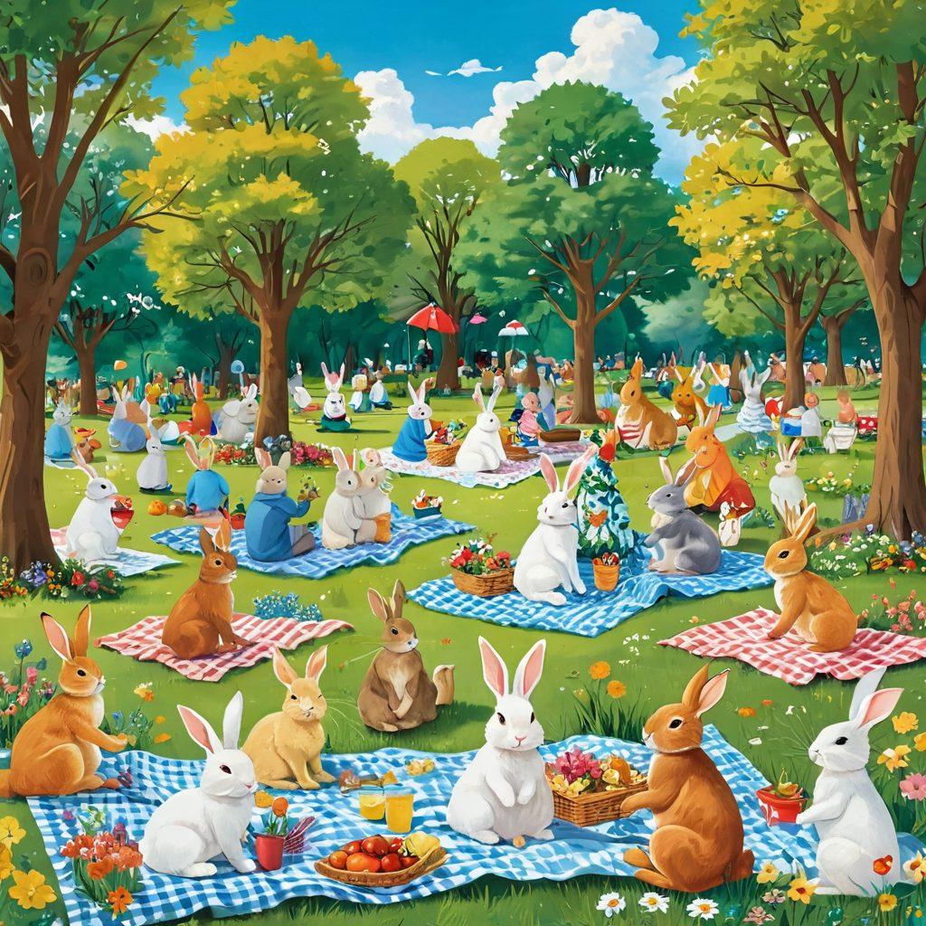 A lively, colorful scene depicting a joyful community of bunny enthusiasts in a sunny park, surrounded by playful bunnies, picnic blankets, and cheerful people engaging in activities. Add elements like bunny-themed decorations, flowers in bloom, and laughter among friends. The sky should be bright blue with fluffy clouds, encapsulating a sense of togetherness and happiness. vibrant colors. cheerful illustration.