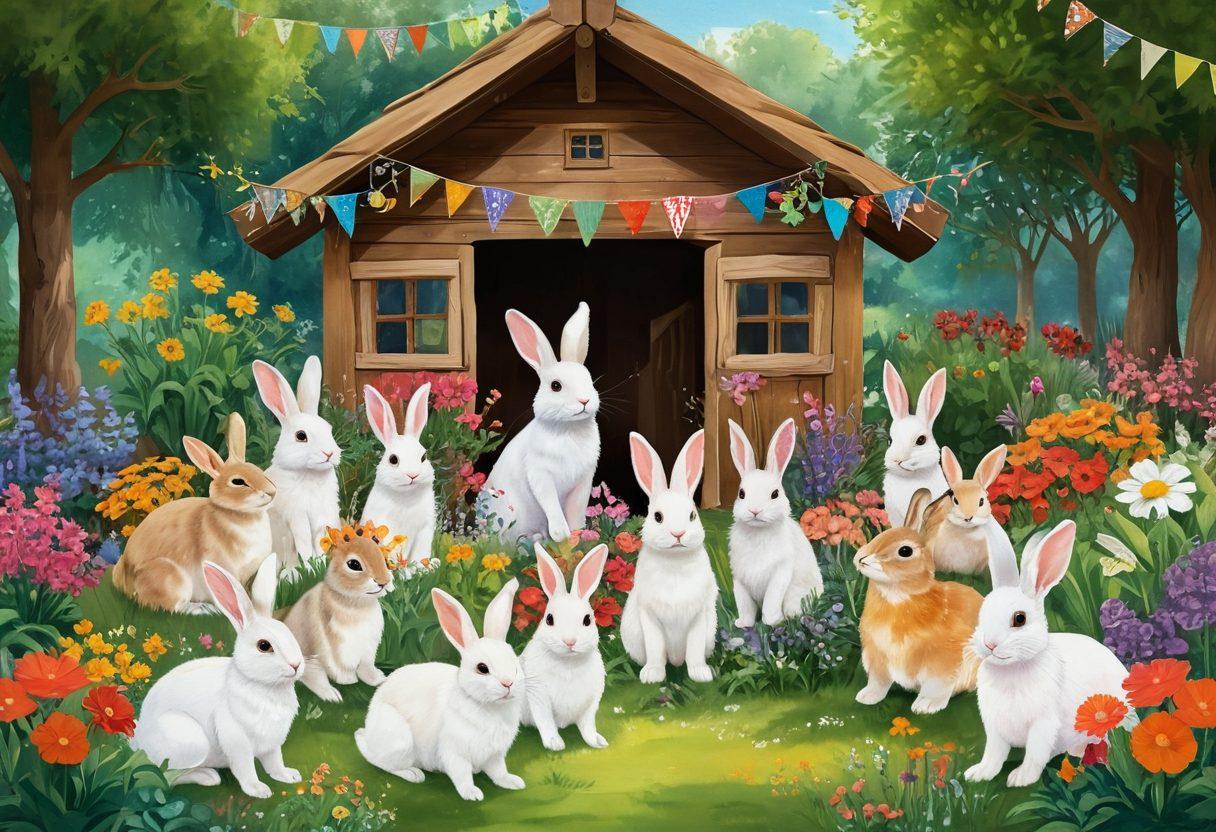 A joyful scene depicting a lively bunny community in a sunny garden, with bunnies of various colors playing around vibrant flowers and greenery. Include a cozy wooden hut adorned with colorful bunting, and a few playful children interacting with the bunnies, emphasizing warmth and connection. Soft, warm lighting enhances the cheerful atmosphere. illustration. vibrant colors. whimsical style.
