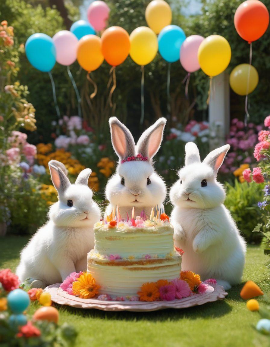 A charming scene of a group of diverse people joyfully celebrating with fluffy bunnies in a sunny garden, colorful balloons floating around, and a cake decorated with bunny-themed designs. Capture the essence of warmth, happiness, and community. Include a mix of fluffy bunny breeds in various poses, surrounded by blooming flowers. super-realistic. vibrant colors. cheerful atmosphere.